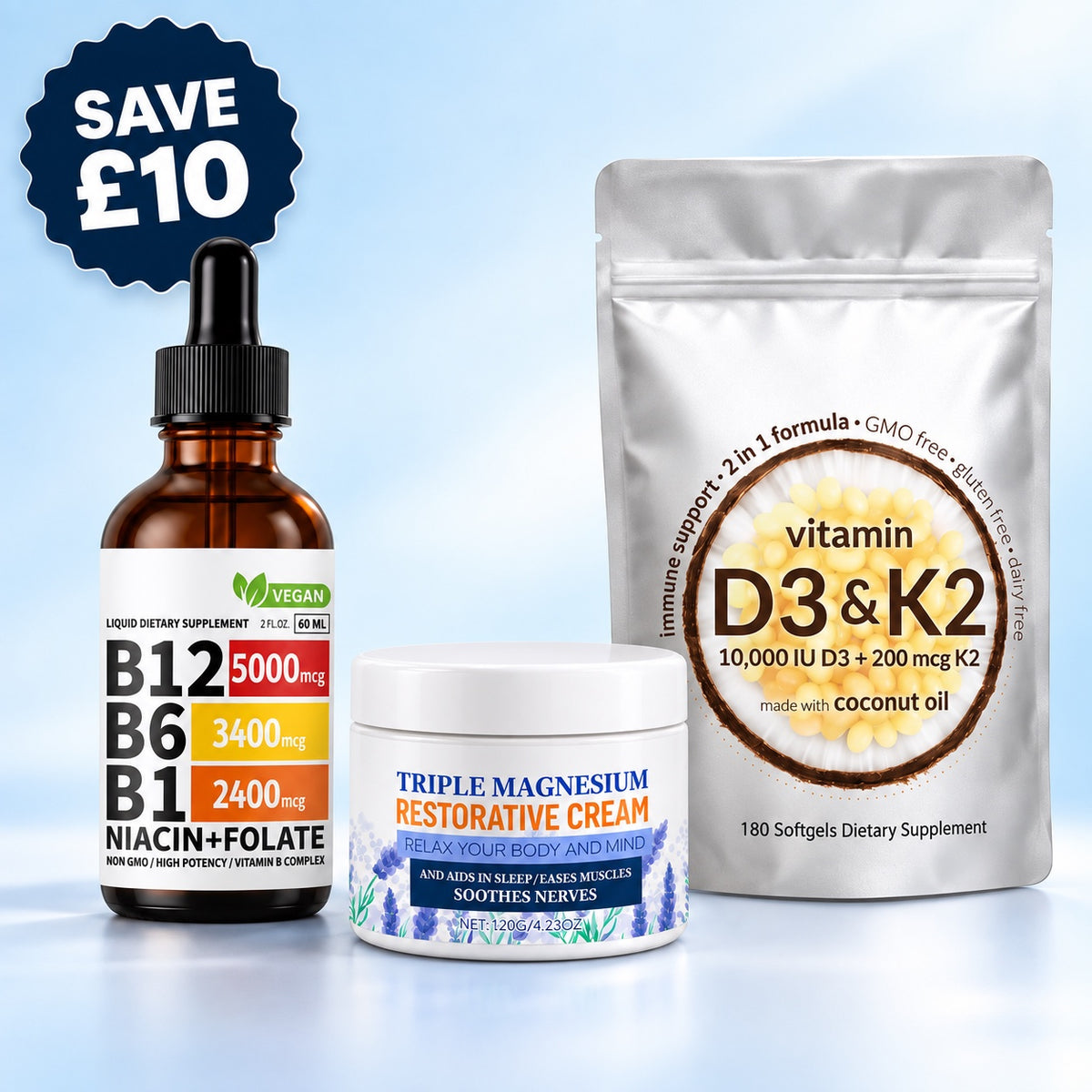 Complete Calm Kit: B12 drops, magnesium cream and vitamin D3 & K2